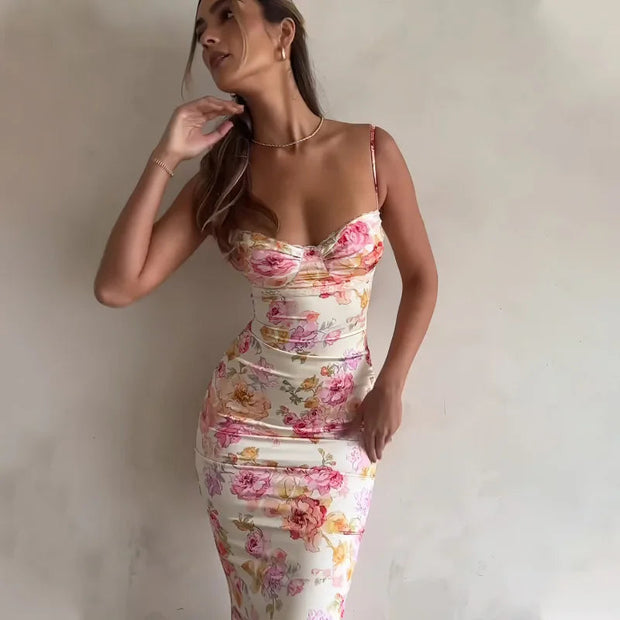 Sleeveless summer dress with flowers for women – 100% polyester with slight elasticity, elegant and casual