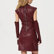 Women's Mini Fitted Leather Dress with Gloves - Elegant and Trendy in Vegan Leather