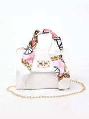 Women's Brown Leather Handbag with Silk Scarf and Gold Details – Timeless and Chic Elegance