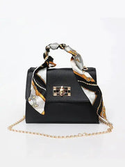 Women's Brown Leather Handbag with Silk Scarf and Gold Details – Timeless and Chic Elegance