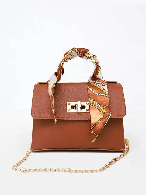 Women's Brown Leather Handbag with Silk Scarf and Gold Details – Timeless and Chic Elegance