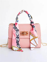Women's Brown Leather Handbag with Silk Scarf and Gold Details – Timeless and Chic Elegance