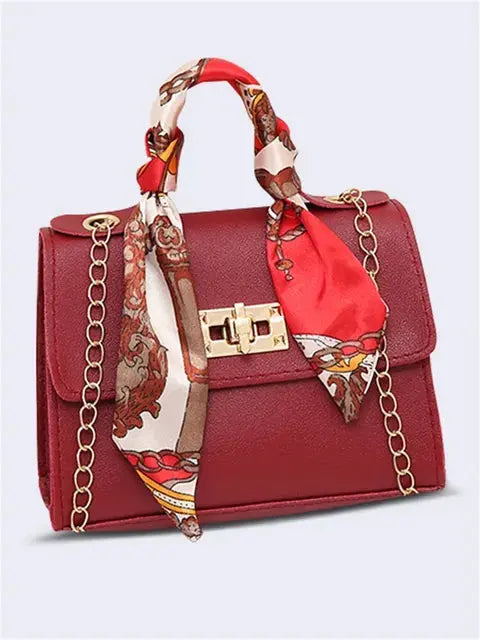 Women's Brown Leather Handbag with Silk Scarf and Gold Details – Timeless and Chic Elegance