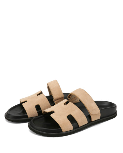 Sandales Unisex en Suède Beige avec Sangle Réglable et Semelle Moulée – Confort Optimal pour Été