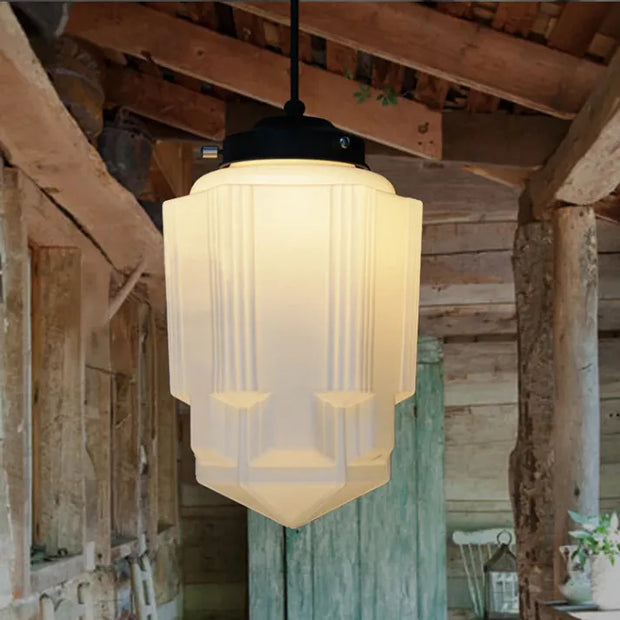 Élégante suspension en verre blanc givré géométrique inspirée des vintage – Une touche d'élégance pour votre espace
