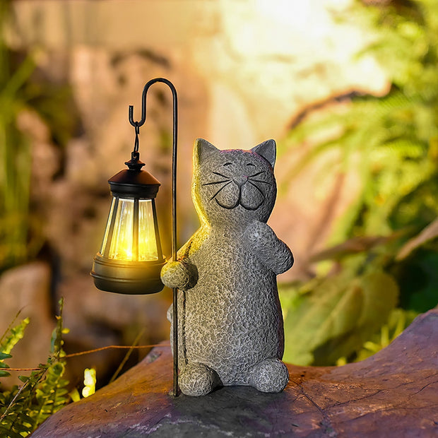 Enchanted golden solar cat statue - Stunning outdoor decor with illuminating LED lights