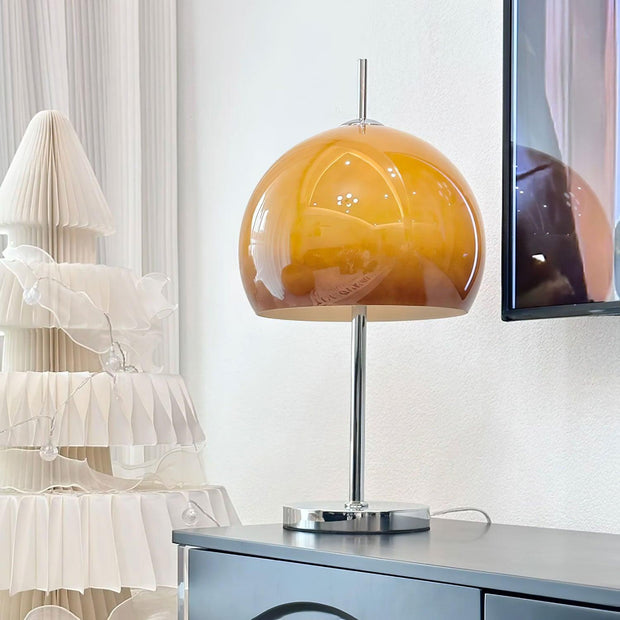 Elegantly designed Bauhaus table lamp by Pilz – Chic fusion of glass and metal with warm amber lampshade