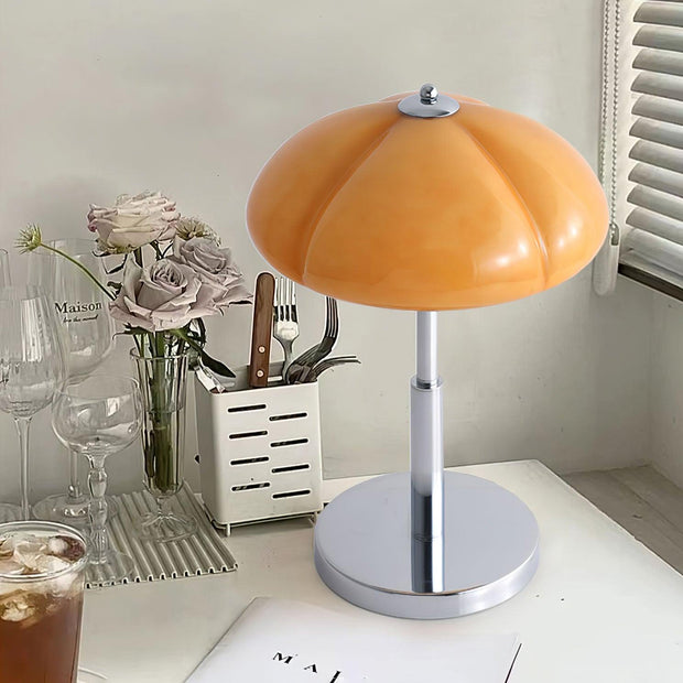 Elegantly designed Bauhaus table lamp by Pilz – Chic fusion of glass and metal with warm amber lampshade