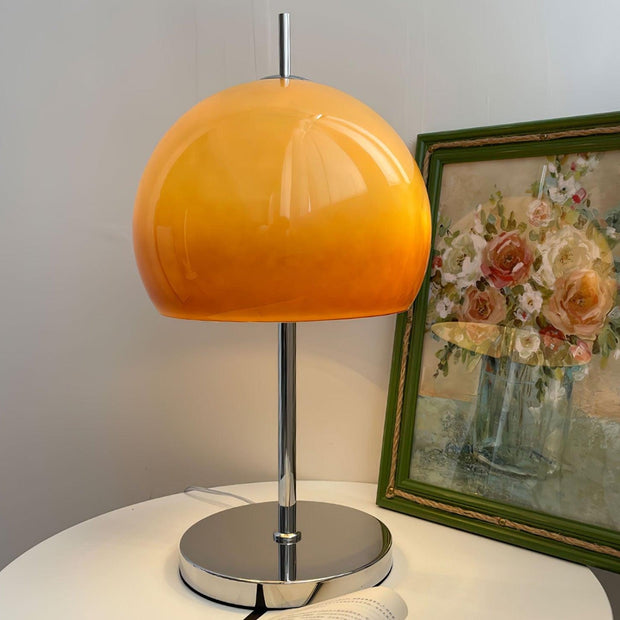Elegantly designed Bauhaus table lamp by Pilz – Chic fusion of glass and metal with warm amber lampshade