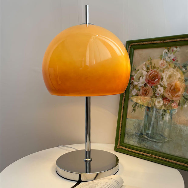 Elegantly designed Bauhaus table lamp by Pilz – Chic fusion of glass and metal with warm amber lampshade