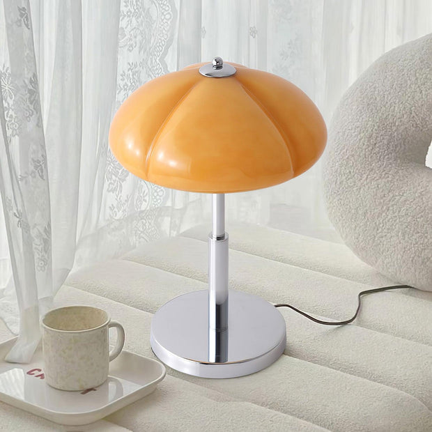 Elegantly designed Bauhaus table lamp by Pilz – Chic fusion of glass and metal with warm amber lampshade