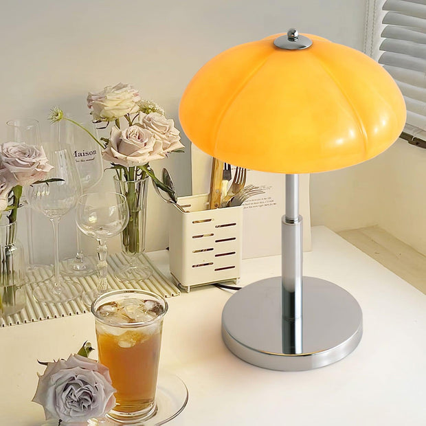 Elegantly designed Bauhaus table lamp by Pilz – Chic fusion of glass and metal with warm amber lampshade