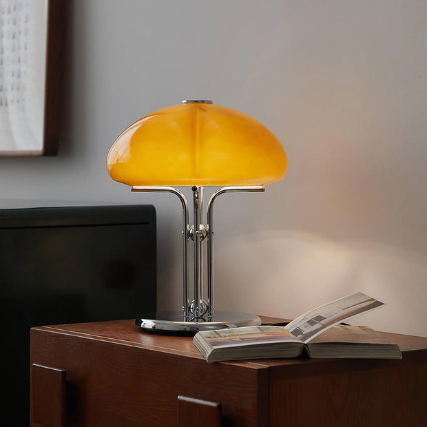 Elegantly designed Bauhaus table lamp by Pilz – Chic fusion of glass and metal with warm amber lampshade