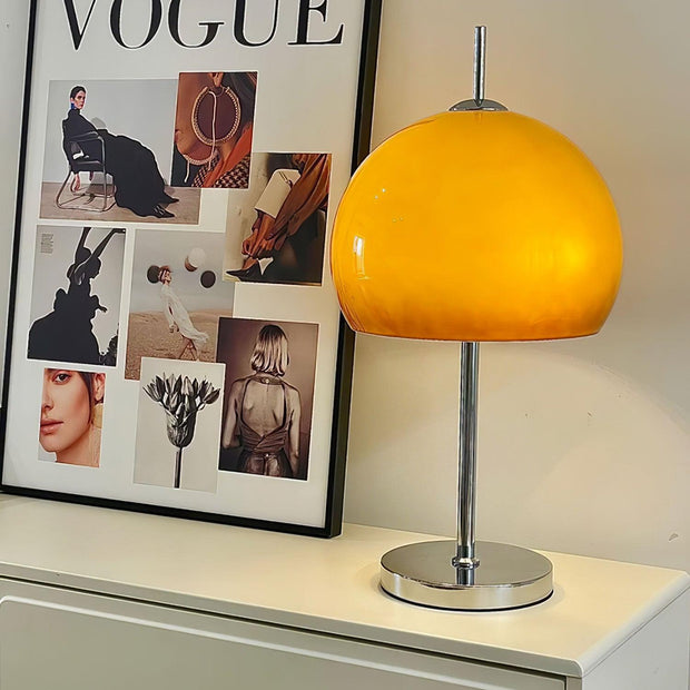 Elegantly designed Bauhaus table lamp by Pilz – Chic fusion of glass and metal with warm amber lampshade