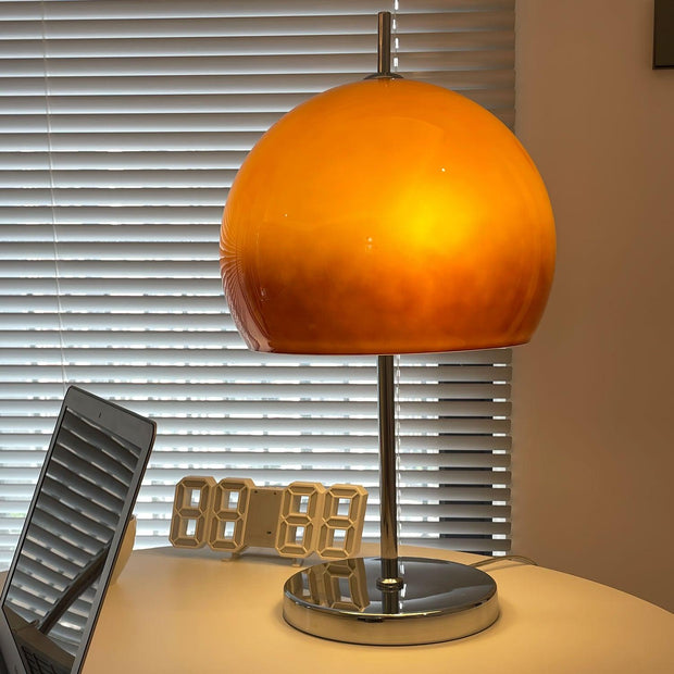 Elegantly designed Bauhaus table lamp by Pilz – Chic fusion of glass and metal with warm amber lampshade