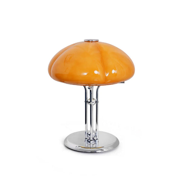 Elegantly designed Bauhaus table lamp by Pilz – Chic fusion of glass and metal with warm amber lampshade