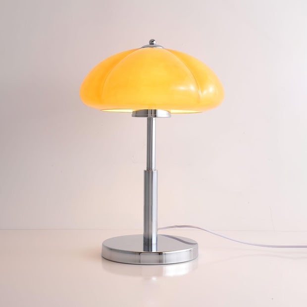 Elegantly designed Bauhaus table lamp by Pilz – Chic fusion of glass and metal with warm amber lampshade