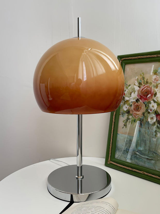 Elegantly designed Bauhaus table lamp by Pilz – Chic fusion of glass and metal with warm amber lampshade