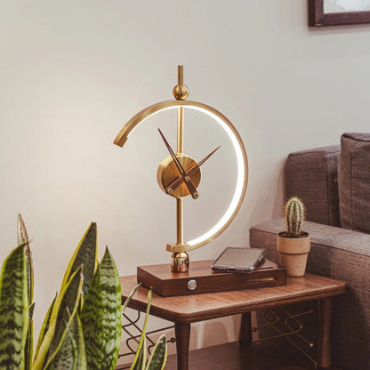 Lampe Horloge Moderne Élégante avec Chargeur Sans Fil - Esthétique Bois et Métal pour un Style de Vie Contemporain