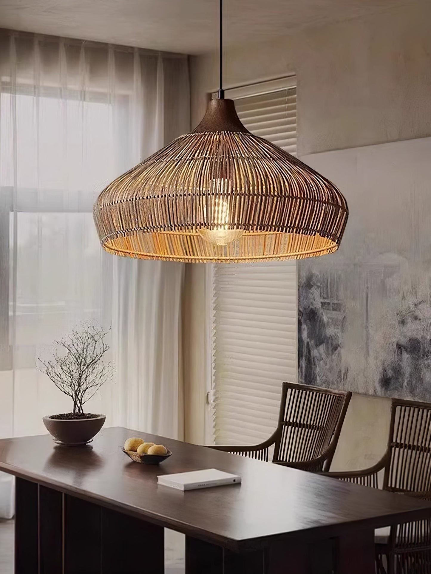 Lustre en osier rattan Élégance Naturelle avec lumière LED