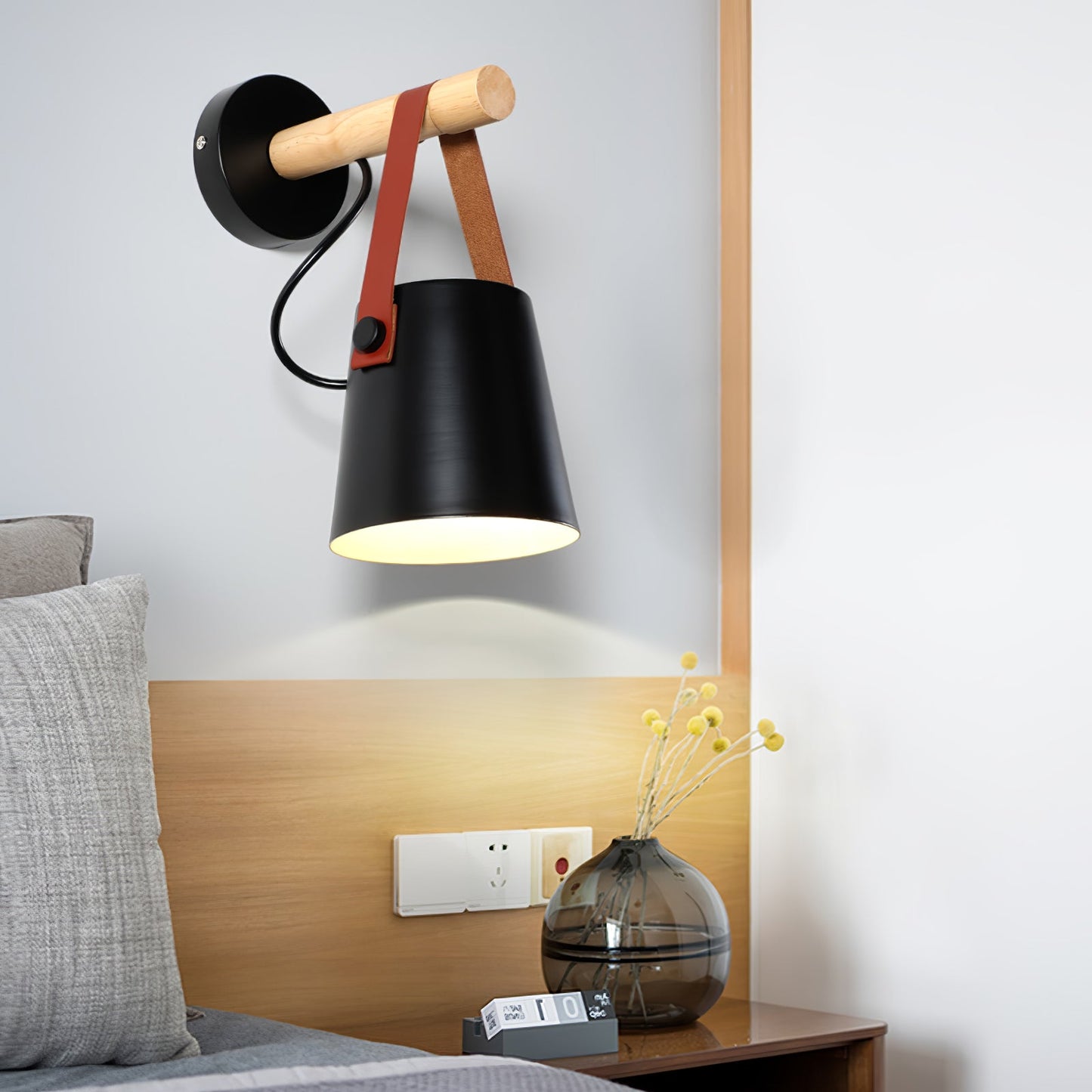Chic Scandinavian wood and leather wall light - Elegant LED design for contemporary and warm spaces