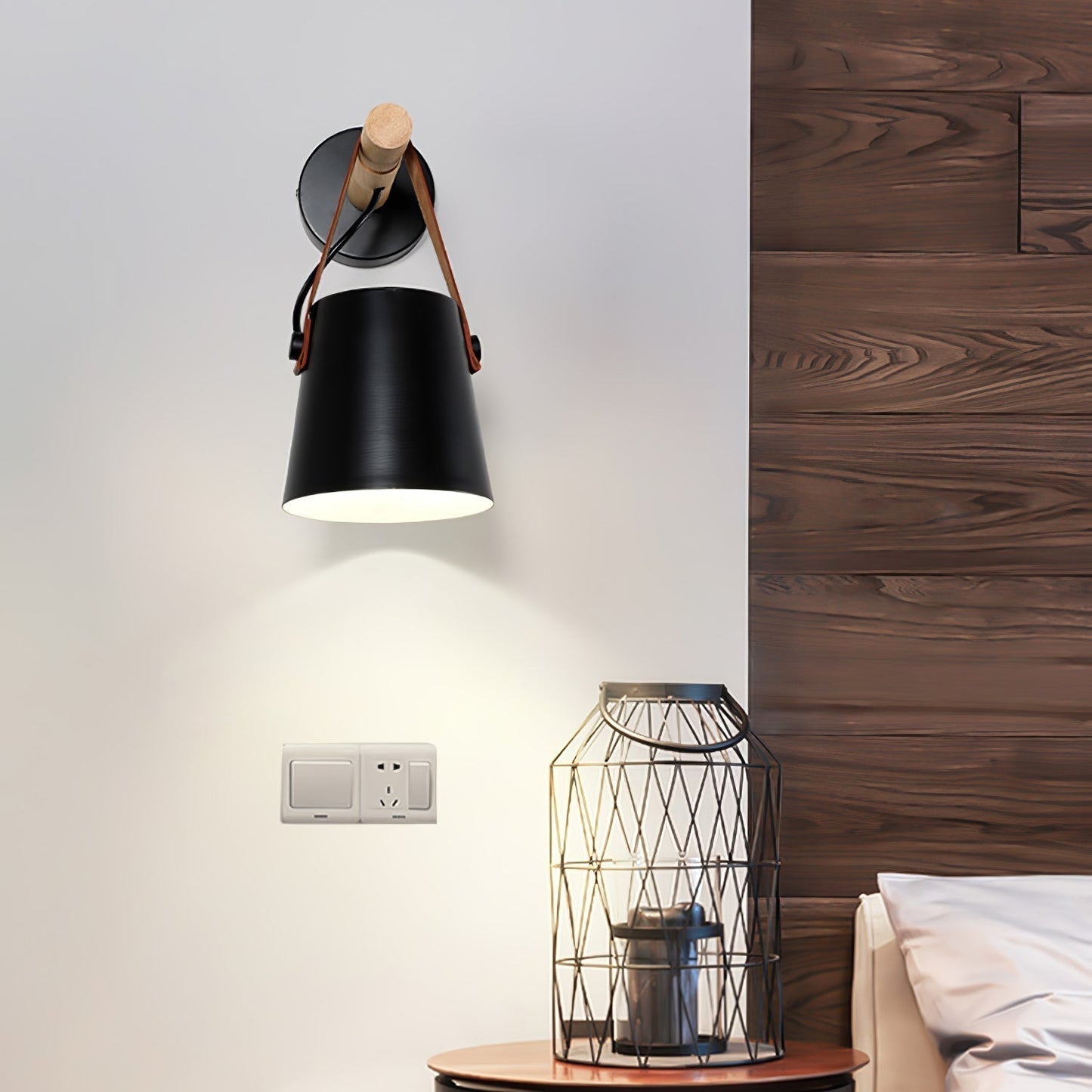 Chic Scandinavian wood and leather wall light - Elegant LED design for contemporary and warm spaces