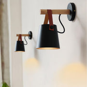 Chic Scandinavian wood and leather wall light - Elegant LED design for contemporary and warm spaces
