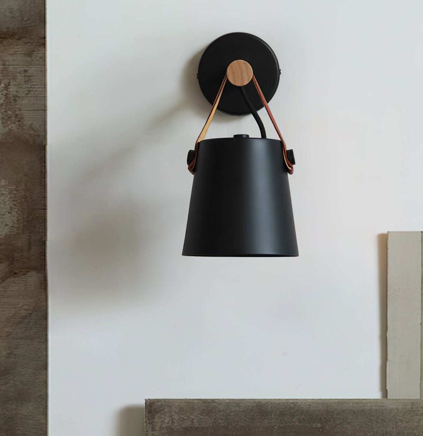 Chic Scandinavian wood and leather wall light - Elegant LED design for contemporary and warm spaces