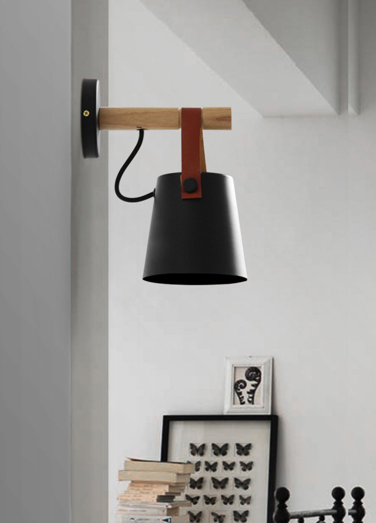 Chic Scandinavian wood and leather wall light - Elegant LED design for contemporary and warm spaces