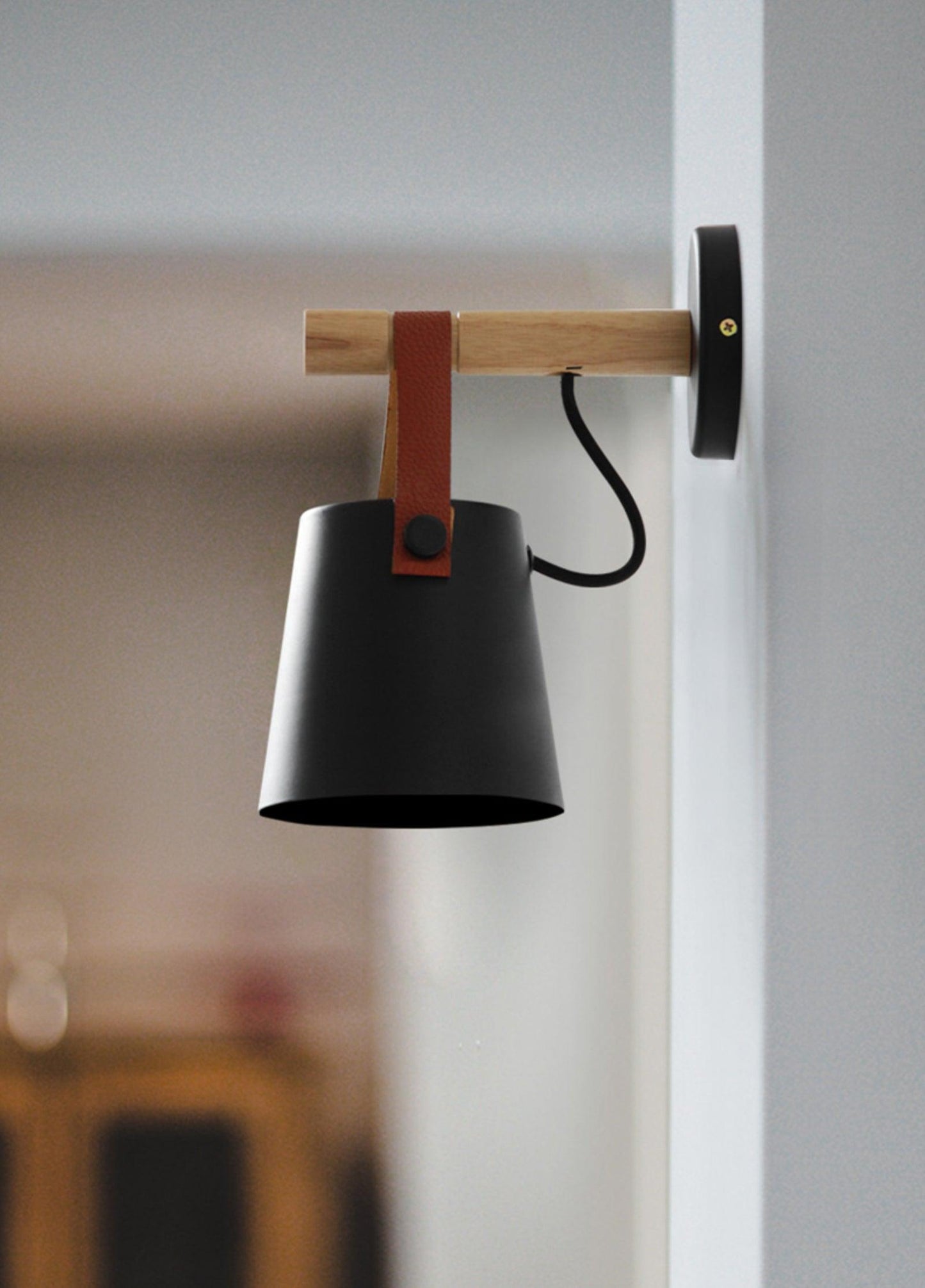 Chic Scandinavian wood and leather wall light - Elegant LED design for contemporary and warm spaces