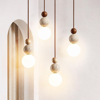 Elegant Chandelier in Lava Stone and Travertine – A Dazzling Fusion of Glass and Wood Textures