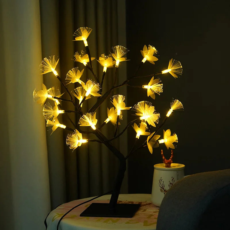Lampe de table en forme d'arbre fleur en fibre optique enchanteresse – Adoptez une lueur blanche douce pour une ambiance élégante