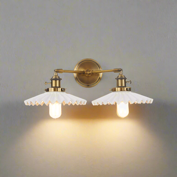 Sophisticated double ceramic wall sconce – Chic antique gold finish with double lighting