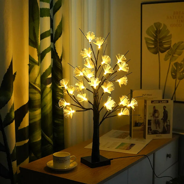 Table lamp in the shape of an enchanting fiber optic flower tree – Embrace a soft white glow for an elegant ambiance