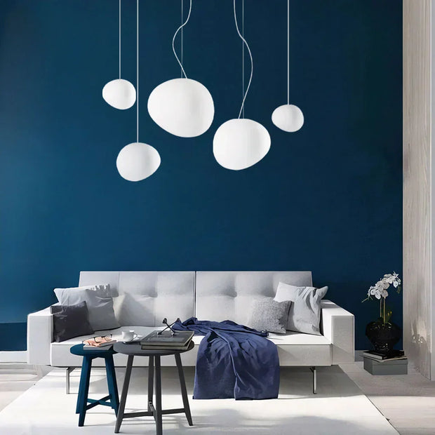 Elegant modern LED lamp with natural stone accents and opal glass