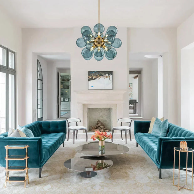 Superb blue spherical bubble chandelier - Contemporary pendant light with artistic glass design