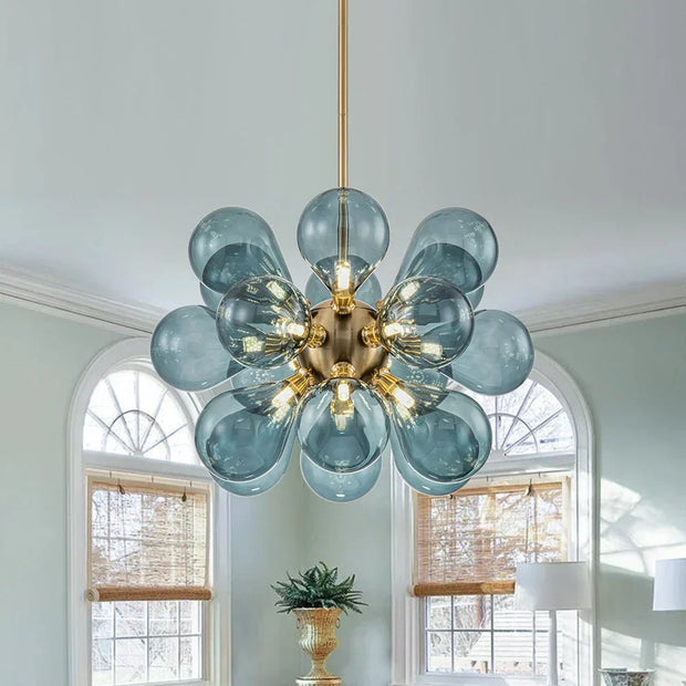 Superb blue spherical bubble chandelier - Contemporary pendant light with artistic glass design