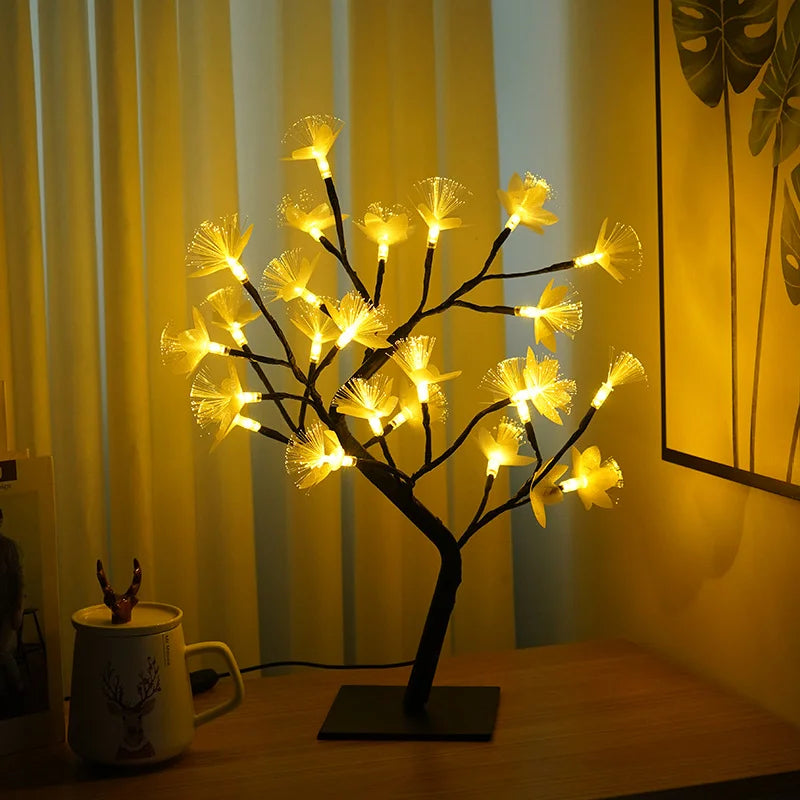 Lampe de table en forme d'arbre fleur en fibre optique enchanteresse – Adoptez une lueur blanche douce pour une ambiance élégante