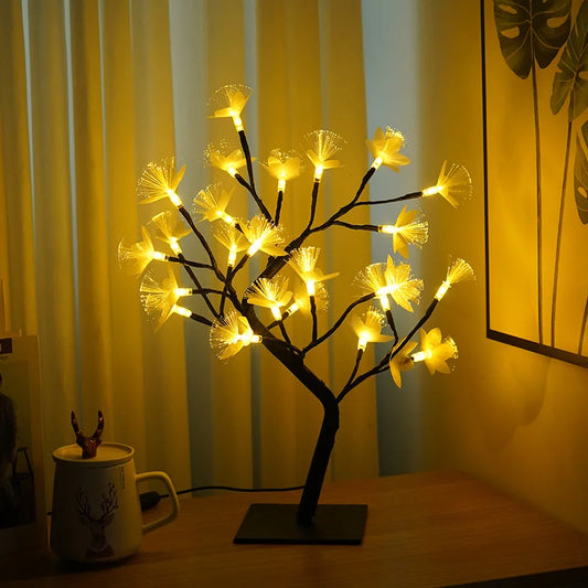 Lampe de table en forme d'arbre fleur en fibre optique enchanteresse – Adoptez une lueur blanche douce pour une ambiance élégante