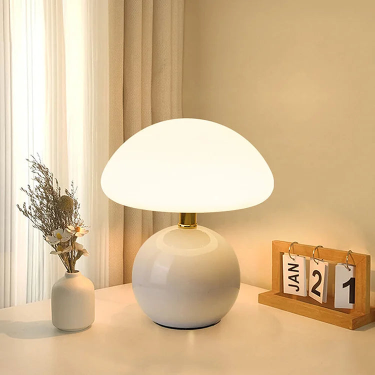 Lampe Champignon Crémeuse Chic Française – Style Vintage LED en Céramique Élégante et PVC avec Luminosité Dimmable