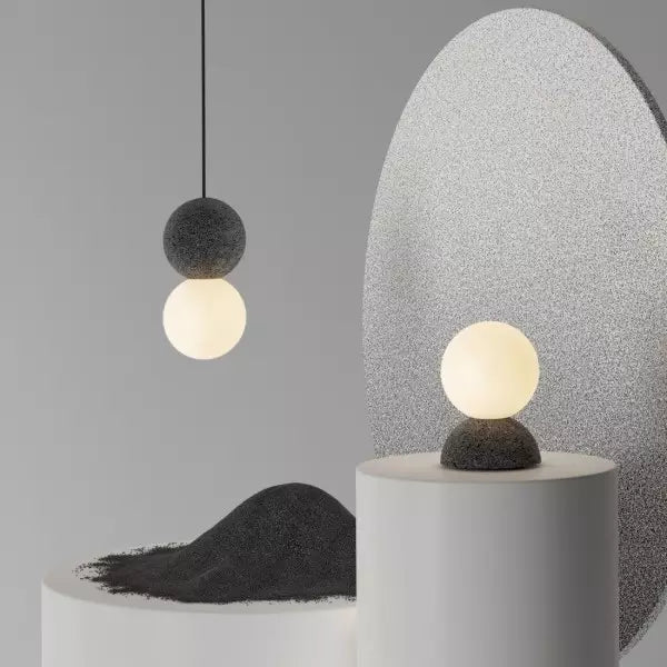 Magnifique Suspension Origo – Style Géométrique Moderne Fabriquée en Pierre Volcanique avec un Élégant Diffuseur en Verre Opale