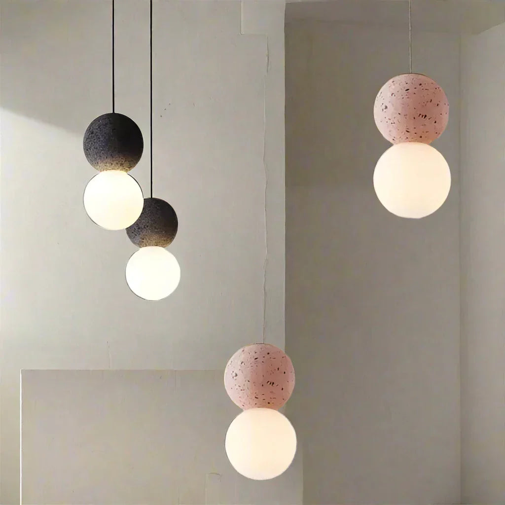 Magnifique Suspension Origo – Style Géométrique Moderne Fabriquée en Pierre Volcanique avec un Élégant Diffuseur en Verre Opale