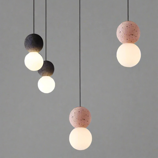 Magnifique Suspension Origo – Style Géométrique Moderne Fabriquée en Pierre Volcanique avec un Élégant Diffuseur en Verre Opale