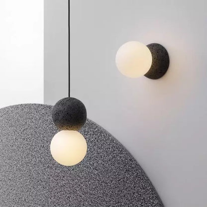 Magnifique Suspension Origo – Style Géométrique Moderne Fabriquée en Pierre Volcanique avec un Élégant Diffuseur en Verre Opale