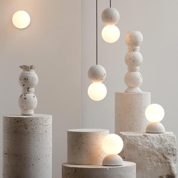 Dazzling geometric pendant light Origo – Made from volcanic stone and opal glass