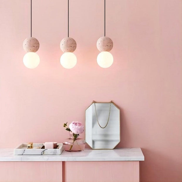 Dazzling geometric pendant light Origo – Made from volcanic stone and opal glass