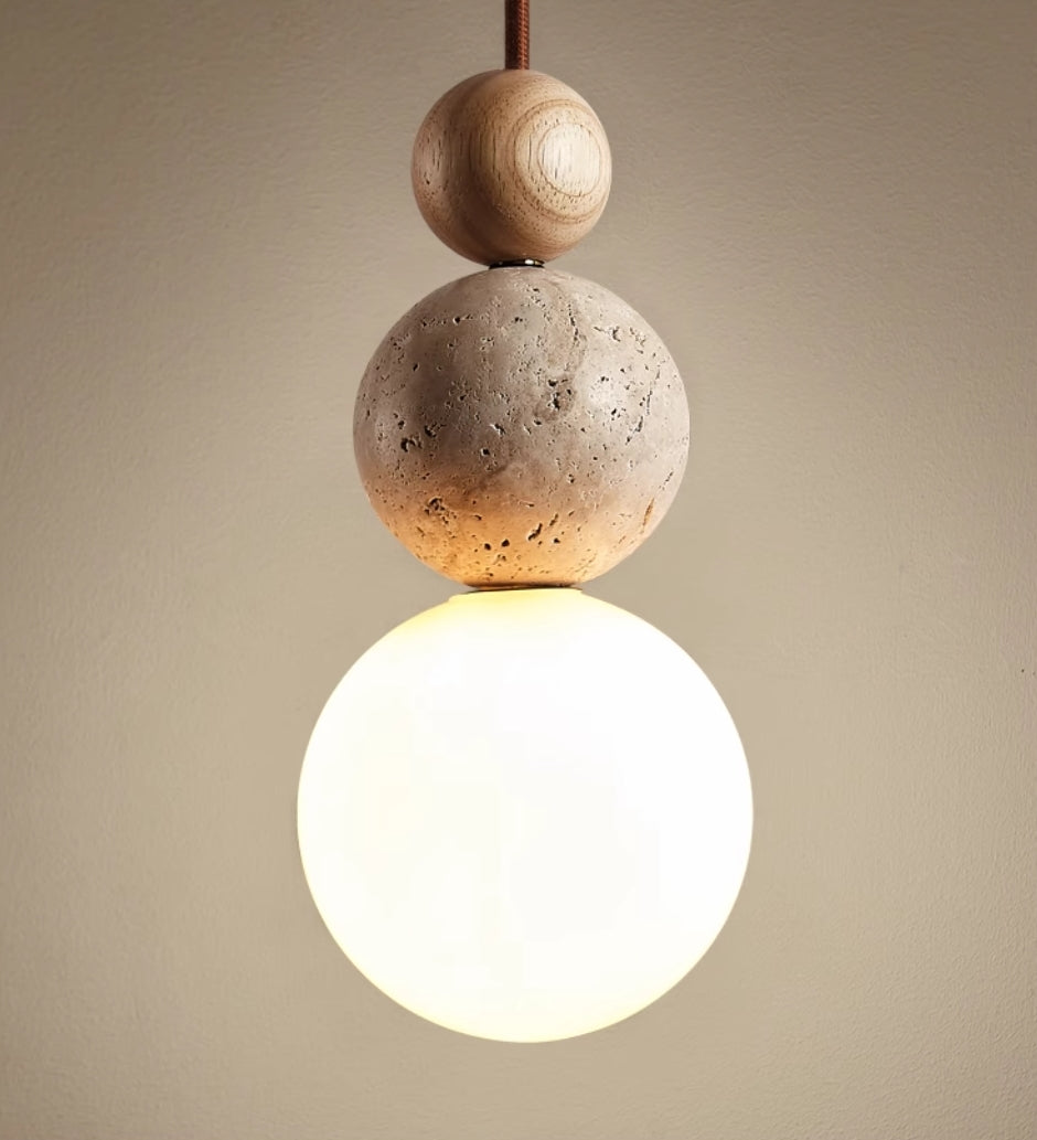 Elegant Chandelier in Lava Stone and Travertine – A Dazzling Fusion of Glass and Wood Textures